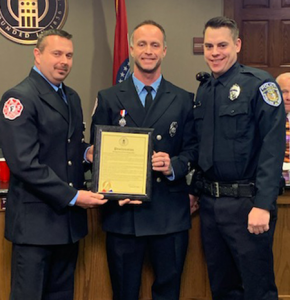 OFPD firefighters Doug Ellis and Matt Chapman along with Officer Jordan Wilmes were honored by the City of O'Fallon.